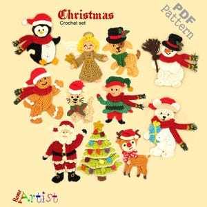 May include: A set of 10 crochet Christmas ornaments, including a penguin, gingerbread man, angel, snowman, reindeer, cat, dog, elf, tree, and Santa Claus. The ornaments are all in festive colors and are perfect for decorating your home for the holidays.