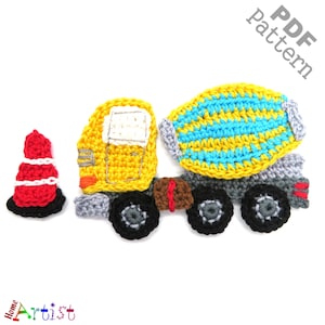 May include: Crochet pattern for a yellow cement mixer truck with a blue and yellow drum, and a red and white traffic cone. The pattern is available as a PDF download.