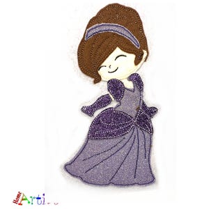 May include: Purple glitter iron-on patch of a cartoon girl wearing a purple dress and a brown headband.