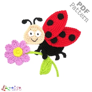 May include: Crochet pattern for a ladybug, flower, and stem. The ladybug is red with black spots and black legs. The flower is purple with a yellow center. The stem is green.