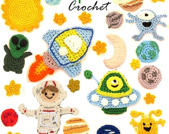 Astronaut Spaceship Crochet Rocket Applique: Custom Color Sew-On Patch, Stars & Moon