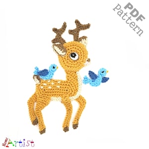 Bambi Deer Crochet Pattern - Instant PDF Download - Reindeer Baby with Santas Hat + 2 cute Birds Crochet Applique Pattern applique