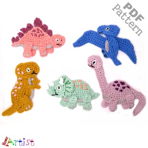 May include: Five crocheted dinosaur shapes in different colors. The dinosaurs are a pink stegosaurus, a blue pterodactyl, a green triceratops, a brown tyrannosaurus rex, and a purple brachiosaurus.  PDF pattern.