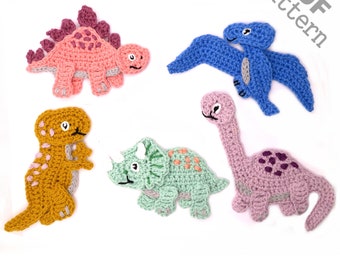 May include: Five crocheted dinosaur shapes in different colors. The dinosaurs are a pink stegosaurus, a blue pterodactyl, a green triceratops, a brown tyrannosaurus rex, and a purple brachiosaurus.  PDF pattern.