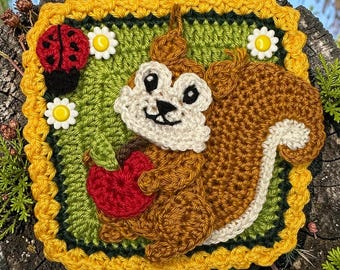 Squirrel Crochet Pattern Granny Square  Patch Applique US version Instant PDF Download