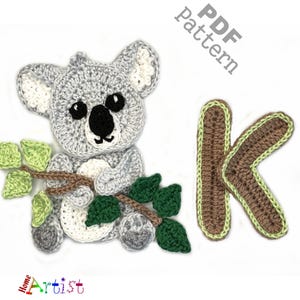 May include: Crochet pattern for a koala holding a branch with leaves and the letter K. The pattern is available as a PDF download.