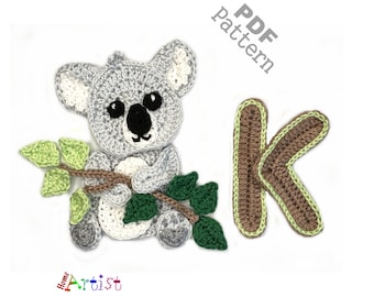 Aplique de koala con la letra K al crochet, patrón de letras del alfabeto animal, versión estadounidense, descarga instantánea en PDF