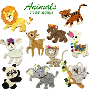 Può includere: Un set di 10 applicazioni di animali all'uncinetto, tra cui un leone, una tigre, un orso, un cervo, un agnello, un gatto, un elefante, un panda, un koala e un lama. Gli animali sono tutti di vari colori e hanno facce carine.