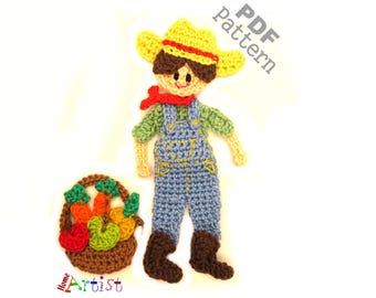 Patrón de crochet para apliques de niño/niña granjero Versión estadounidense Descarga instantánea en PDF