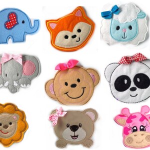May include: Ten felt animal appliques with embroidered details. The appliques include a blue elephant, orange fox, white sheep, gray elephant, brown monkey, white panda, orange lion, brown bear, and pink giraffe.