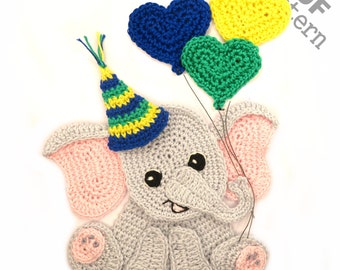 Crochet Pattern Elephant Birthday Balloons Applique Patch US version Instant PDF Download