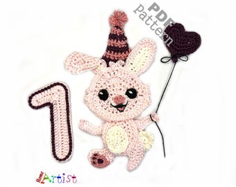 Rabbit Crochet Number 1 Bunny Applique Animal Pattern Birthday US version Instant PDF Download