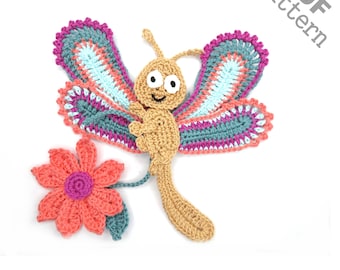 Crochet Pattern - Instant PDF Download - Dragonfly Flower Crochet Applique Pattern applique