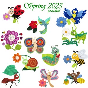 May include: Crocheted spring-themed animal and flower patterns, including a ladybug, hummingbird, butterfly, snail, caterpillar, bee, grasshopper, ant, and flowers. The text "Spring 2023 crochet" is at the top of the image.