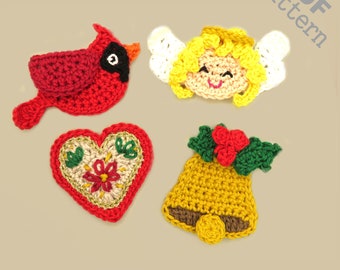 Padrão de aplique de crochê de Natal, anjo, cardeal, sino, coração, cobertor de bebê, decoração, ornamento, presente