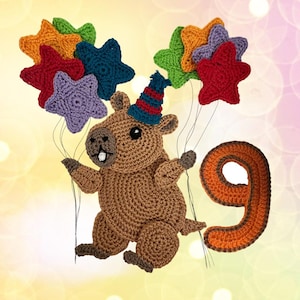 Capibara all'uncinetto, numero 9, applicazione di animale per compleanno, versione USA, download PDF immediato
