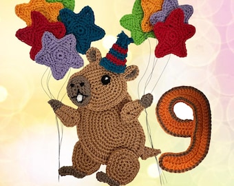 Capybara Crochet  Number 9 Birthday Applique Animal Pattern  US version Instant PDF Download