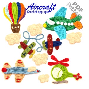 Crochet Pattern Bundle Air Transportation Set Airplane Ballon Aircraft Helicopter Clouds Applique Patch US version Instant PDF Download