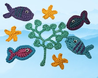 Crochet Pattern Fish 2 Water Plants starfish Applique Patch US version Instant PDF Download