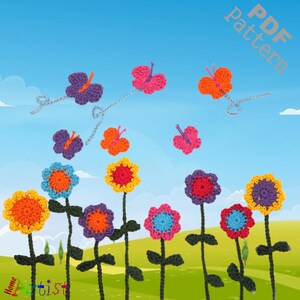 May include: Crochet pattern for a flower garden with butterflies. The pattern includes instructions for making colourful flowers and butterflies in various shades of pink, purple, orange, yellow, blue, and green.
