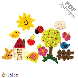 Crochet Applique Pattern Set: Tree, Bird, Ladybug, Bunny PDF Download ENG
