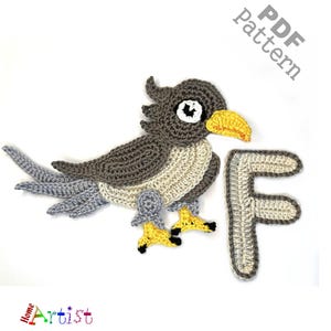 May include: Crocheted bird applique with gray, beige, and yellow details, and the letter "F". The bird has a detailed design with a yellow beak and feet. The text "PDF Pattern" is in the upper right corner.