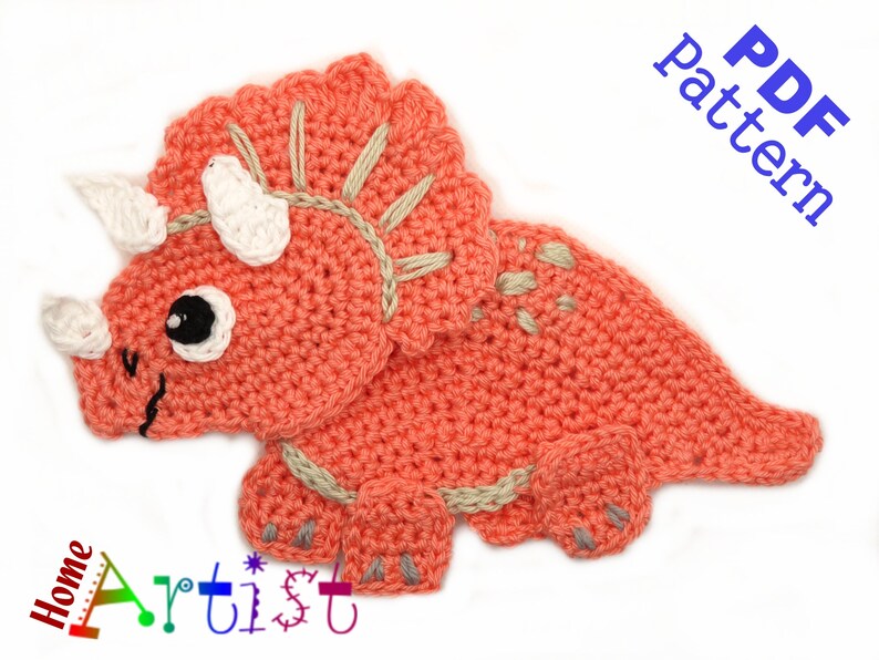 Crochet Pattern Instant PDF Download Triceratops Dino crochet pattern applique image 2