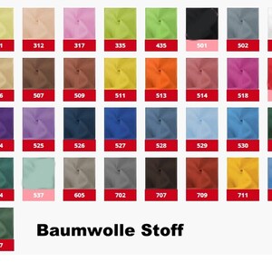 May include: A color chart of 36 fabric swatches, each with a number label. The swatches are arranged in rows of six, with the numbers increasing from left to right and top to bottom. The fabric appears to be cotton. The text "Baumwolle Stoff" is printed below the swatches.