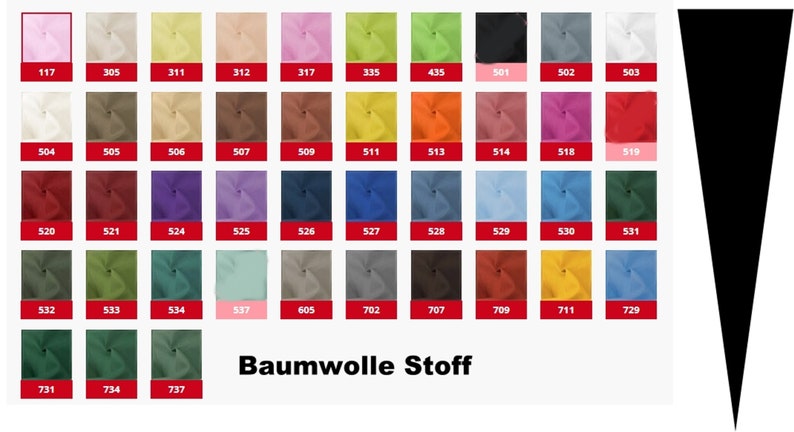 May include: A color chart of 36 fabric swatches, each with a number label. The swatches are arranged in rows of six, with the numbers increasing from left to right and top to bottom. The fabric appears to be cotton. The text "Baumwolle Stoff" is printed below the swatches.