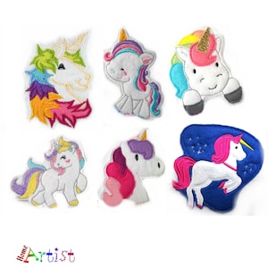 May include: Six colorful embroidered iron-on patches featuring unicorns in various poses. The patches are made of felt and have a variety of colors, including pink, blue, green, yellow, and white.