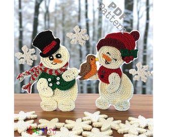 Crochet Pattern Happy Snowman Duo Chrisrmas Applique Patch US version Instant PDF Download