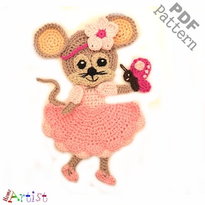 Crochet Pattern Mouse Girl Ballerina Ballet Dancing Applique Patch US version Instant PDF Download