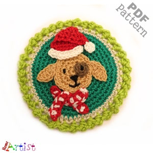 May include: Crochet pattern for a Christmas dog ornament. The dog is wearing a red and white Santa hat and a red and white scarf. The ornament is surrounded by a green and white crocheted border.