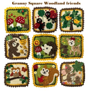Może przedstawiać: Dziewięć kwadratowych aplikacji szydełkowych zatytułowanych Granny Square Woodland friends, przedstawiających kolorowe wzory z włóczki: grzyby, biedronki, ptaki, niedźwiedzia z pszczołami, jeża, jelenia, sowę, wiewiórkę oraz myszy z liśćmi.