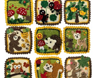 Custom Crochet Granny Square Appliques: Woodland Friends, Cotton Sew-On Patches