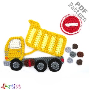 May include: Crochet pattern for a yellow dumper truck with a red stop sign. The pattern includes instructions for crocheting the truck, the stop sign, and the rocks.