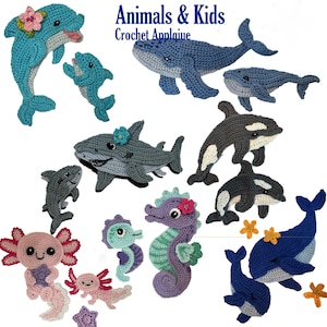 May include: A collection of crochet appliques featuring various sea creatures including dolphins, whales, sharks, orcas, seahorses, and axolotls in shades of blue, gray, purple, and pink, with some pieces accented by small crocheted flowers and stars.