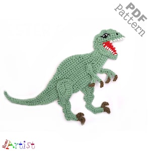 May include: Green crocheted dinosaur with a red open mouth and brown feet.  PDF pattern.