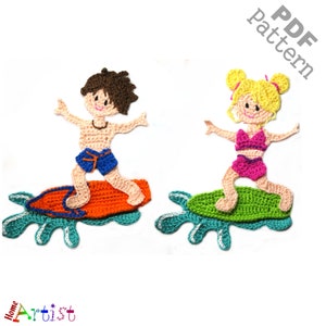 May include: Crochet pattern for two figures, a boy and a girl, riding on surfboards. The boy is wearing blue swim trunks and the girl is wearing a pink bikini. The surfboards are orange and green and have blue water splashes.