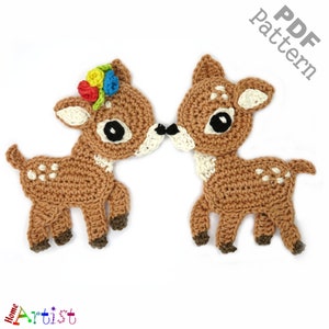 May include: Two brown crocheted deer with white spots, one with a colorful flower crown, facing each other.  PDF Pattern.