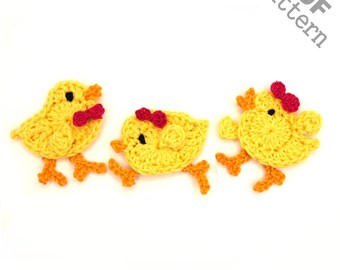 May include: Three crocheted yellow chicks with red bows. The chicks are in different poses, one is standing, one is lying down, and one is standing with its wings spread out. The chicks are on a white background. PDF pattern.