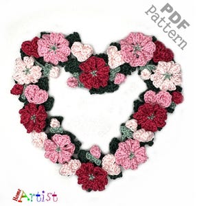 Crochet Floral Heart Valentin Flower Applique Pattern US version Instant PDF Download
