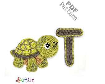 Schildkröte häkeln Buchstabe T Applikation Tier Alphabet Muster Schriftzug US Version Instant PDF Download