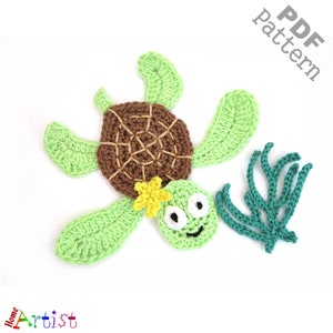 May include: Crochet pattern for a green sea turtle with a brown shell and a yellow flower. The pattern also includes a green seaweed design.