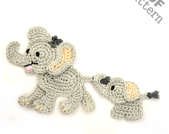 Crochet Pattern Elephant Mom and Baby Applique Patch US version Instant PDF Download
