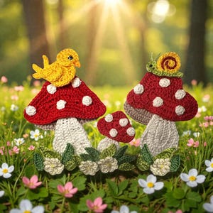May include: A whimsical garden scene featuring crocheted mushrooms with red and white caps. One mushroom has a yellow bird, another a snail. The scene is set amongst flowers and greenery, evoking a fairytale feel.