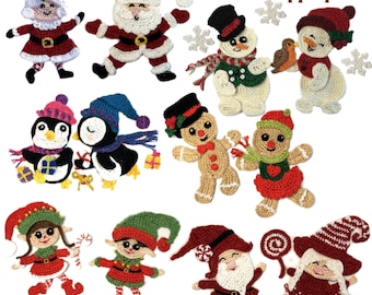 Christmas Crochet Applique Penguin Gingerbread Santa Snowman Elf Gnome Custom Color Cotton Sew-On Patch