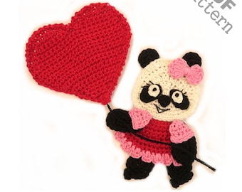 Panda, coeur 3D au crochet, Saint Valentin, Saint-Valentin, applique en version américaine, téléchargement PDF instantané