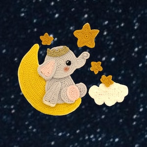 Crochet Pattern Elephant and Moon Applique Patch US version Instant PDF Download