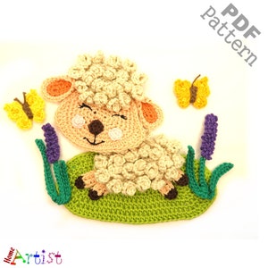 May include: A crocheted sheep with a smiling face, cream-colored wool, and brown hooves, resting on a green crocheted oval. Two yellow butterflies and purple flowers are also crocheted. The words "PDF Pattern" are in the upper right corner.